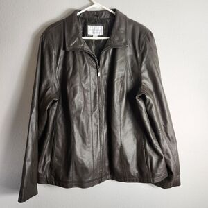 Worthington Womens Dark Brown Lambskin Leather Zip Jacket-Size 2X